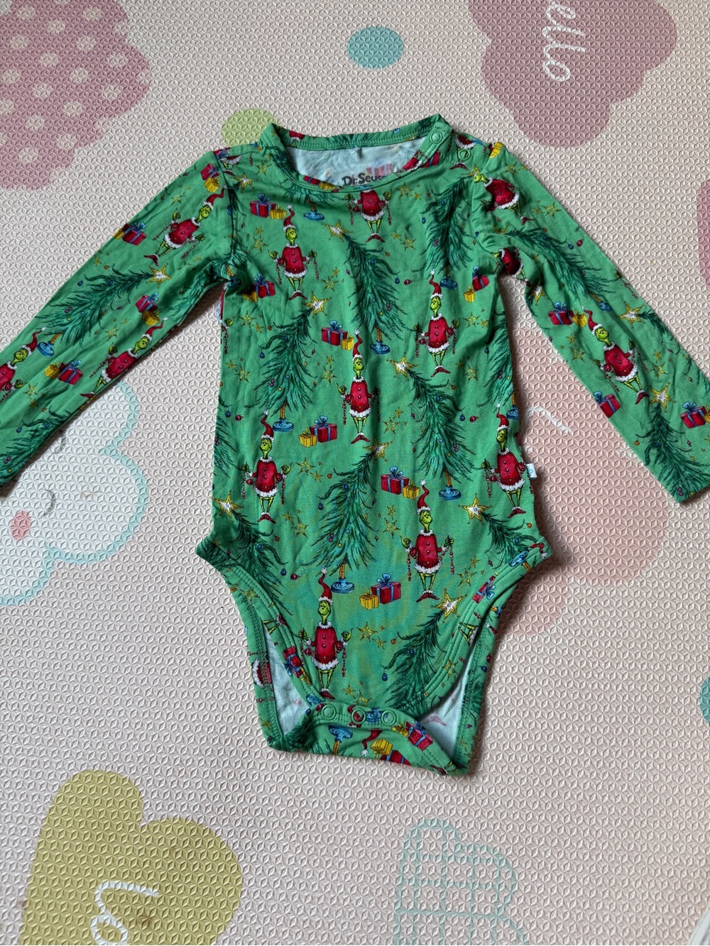 Posh Peanut Green Holiday Character Print Long-Sleeve One-Piece